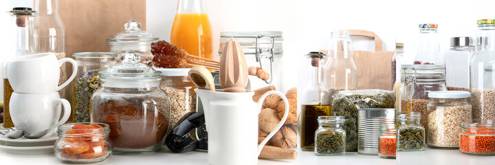 Collage food of Food pantry for staying home. Grains and oats in jars