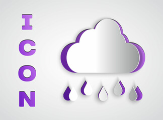 Paper cut Cloud with rain icon isolated on grey background. Rain cloud precipitation with rain drops. Paper art style. Vector