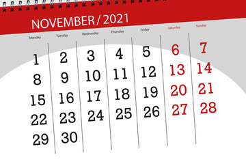 Calendar planner for the month november 2021, deadline day