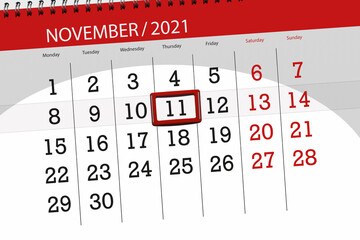 Calendar planner for the month november 2021, deadline day, 11, thursday