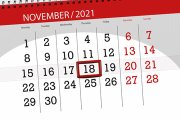 Calendar planner for the month november 2021, deadline day, 18, thursday