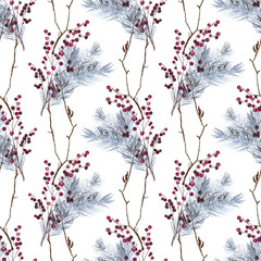 Seamless pattern with pine and dry branches and red berries