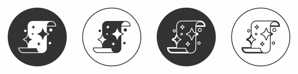 Black Magic scroll icon isolated on white background. Decree, paper, parchment, scroll icon. Circle button. Vector