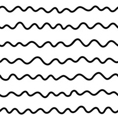 Abstract seamless pattern in doodle style. Black and white endless texture with horizontal scribble wavy lines. Free hand drawn uneven stripes. Simple cute monochrome background. Vector illustration.