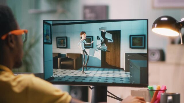 Man creating 3D cartoon on computer
