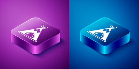 Isometric Traditional indian teepee or wigwam icon isolated on blue and purple background. Indian tent. Square button. Vector © Kostiantyn