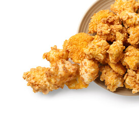 Plate with crunchy fried popcorn chicken on white background