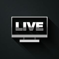 Silver Live streaming online videogame play icon isolated on black background. Long shadow style. Vector