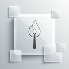 Grey Burning match with fire icon isolated on grey background. Match with fire. Matches sign. Square glass panels. Vector