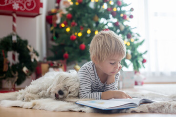 Beautiful toddler child, reading book front of  Christmas tree, decoration and presents around him
