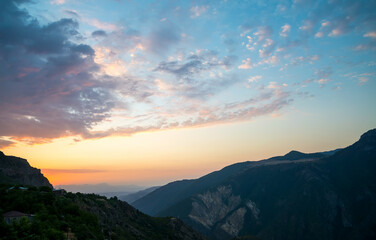 A beautiful dawn over the mountains in Tatev