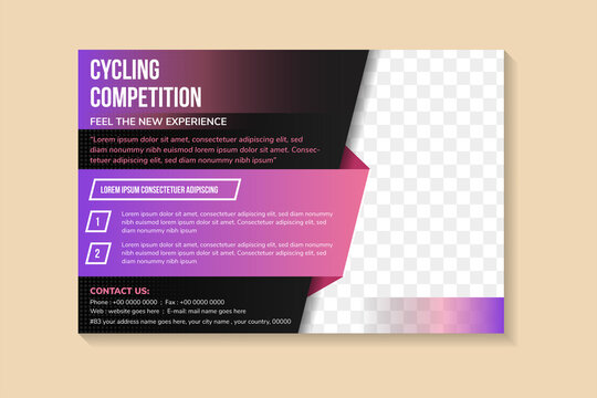 Vector horizontal flyer with space for photo on black background, ad banners use pink. Abstract poster of BMX competitions motocross template for promoting extreme mountain biking with place for text