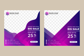 Social Media Advertising Banner Layouts Set With Gradient Wave Elements. Collection Of Bright Vector Background. Summer Sale Square Pack. photo collage. gradient blue and purple colors.