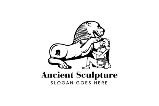India ancient sculpture logo design template. flat black and white colors. isolated on horizontal layout background.