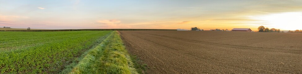 Fototapeta na wymiar Panorama eines Sonnenuntergangs am Feld / Acker.