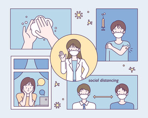 Doctor is explaining how to prevent infectious diseases. Hand washing, vaccination, social distancing, self-isolation. flat design style vector illustration.