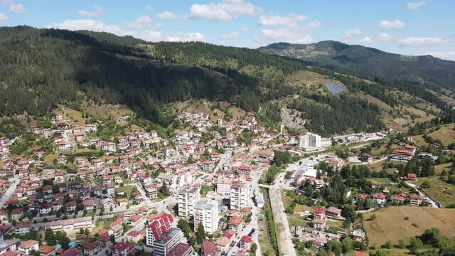 Aerial view of the famous Bulgarian ski resort Chepelare, Smolyan Region, Bulgaria