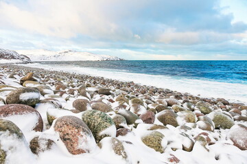 beautiful north sea in winter. landscape of the winter sea. coast of the arctic ocean in winter.