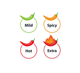 Spicy chili hot pepper level labels. Vector spicy food green mild, medium and red extra hot.