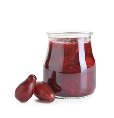 Jar of tasty dogwood jam on white background