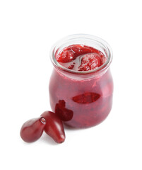 Jar of tasty dogwood jam on white background