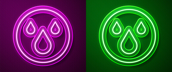 Glowing neon line Water drop icon isolated on purple and green background. Vector