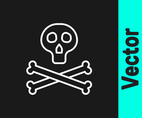 White line Bones and skull as a sign of toxicity warning icon isolated on black background. Vector