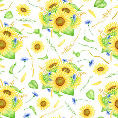 Watercolor flowers seamless pattern. Hand painted sunflower bouquets with cornflowers, greenery and wheat spikelets illustration. Floral repeated background isolated on white for wrapping, fabrics