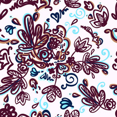 Beautiful floral vector pattern. Bordeaux, blue nature ornament. Abstract oriental botanical pattern on the white background. Decorative textile style pattern. Pastel colours.