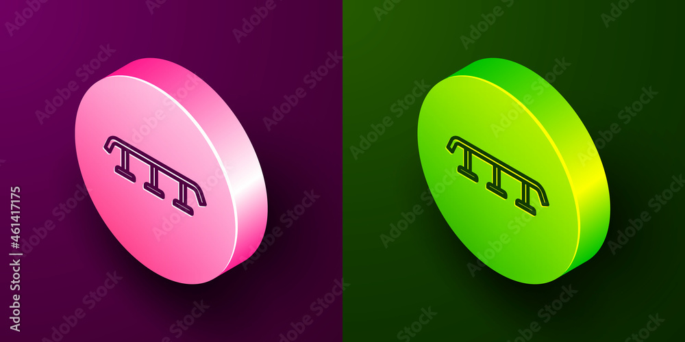 Sticker Isometric line Skateboard stairs with rail icon isolated on purple and green background. Circle button. Vector