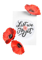 Remembrance Day in Canada. Red poppy flowers with card on white background