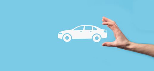 Digital composite of Man holding car icon.Car automobile insurance and car services concept....