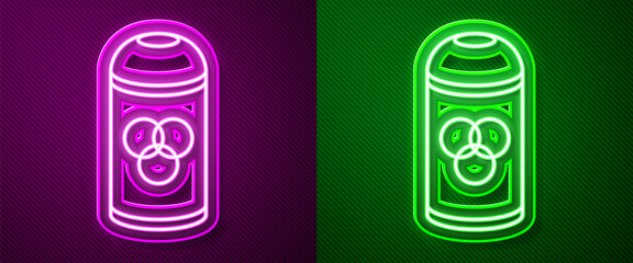 Glowing neon line Paint spray can icon isolated on purple and green background. Vector