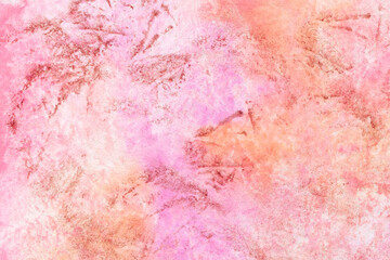 Fototapeta premium Rough multicolored watercolor texture with golden scuffs. Abstract hand-drawn background in pink and yellow colors.