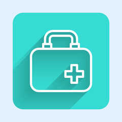 White line First aid kit icon isolated with long shadow background. Medical box with cross. Medical equipment for emergency. Healthcare concept. Green square button. Vector