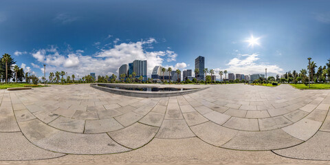 360 seamless hdri panorama view on square near seashore or ocean with skyscrapers with blue sky and good weather in equirectangular spherical projection, ready AR VR virtual reality content - Powered by Adobe
