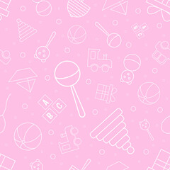 Seamless pattern for baby. Vector pattern with child toys. Illustration of toys isolated on pink background.