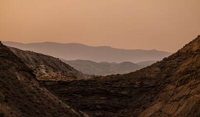 Landscape of Tabernas desert in Almeria, Spain, during sunset