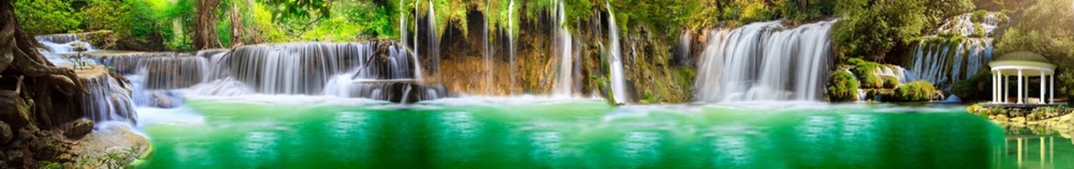 panorama of waterfalls and water - obrazy, fototapety, plakaty