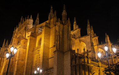 Fototapeta na wymiar night view on the gothic cathedral of Seville, Spain