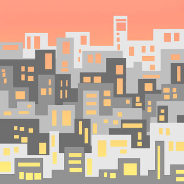 Atardecer de perfiles urbanos ilustrativos 