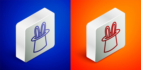 Isometric line Magician hat and rabbit ears icon isolated on blue and orange background. Magic trick. Mystery entertainment concept. Silver square button. Vector