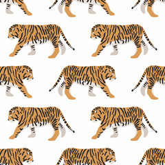 Seamless pattern with tigers. Symbol of new year and christmas 2022. Vector hand drawn illustration. Image on a white background. Suitable for printing on fabric, wallpaper, wrapping paper