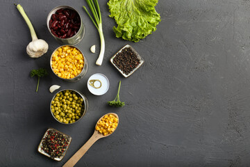 Canned corn, peas, beans