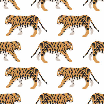 Seamless pattern with tigers. Symbol of new year and christmas 2022. Vector hand drawn illustration. Image on a white background. Suitable for printing on fabric, wallpaper, wrapping paper