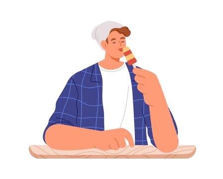 Man eating sweet dessert, licking icecream on stick. Young person enjoying ice cream with pleasure. Happy guy holding yummy tasty food in hands. Flat vector illustration isolated on white background