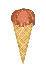 Chocolate ice cream. Summer food sweet dessert. Nuts. Flat design. In a waffle cone. The object is isolated on a white background. Illustration Vector.