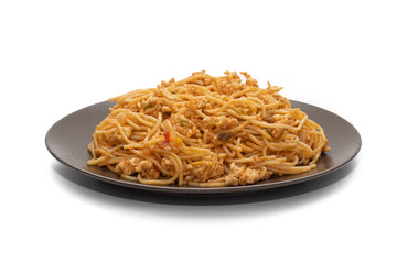 Plate covered with delicious Italian spaghetti, with tomato sauce. Isolated on white background. Healthy life concept.