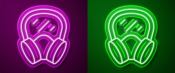 Glowing neon line Gas mask icon isolated on purple and green background. Respirator sign. Vector