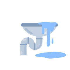 Blockage of pipe. Sink in bath and kitchen. Technical work. Broken sewer system. Blue washbasin. Cartoon flat illustration. Puddle of water